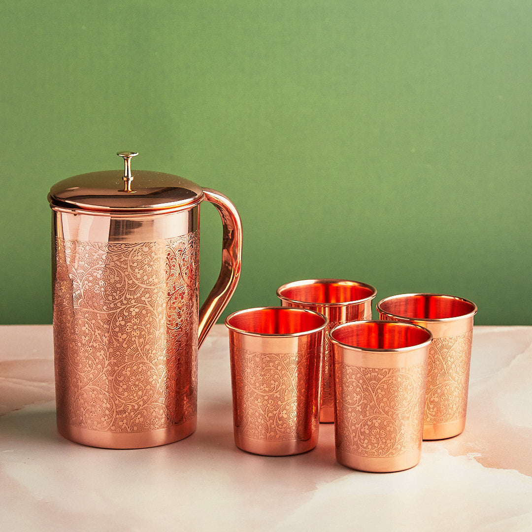 Ayurvedic Embossed 5-Piece Pure Copper Jug Set 1.5 L – Zenn Casa