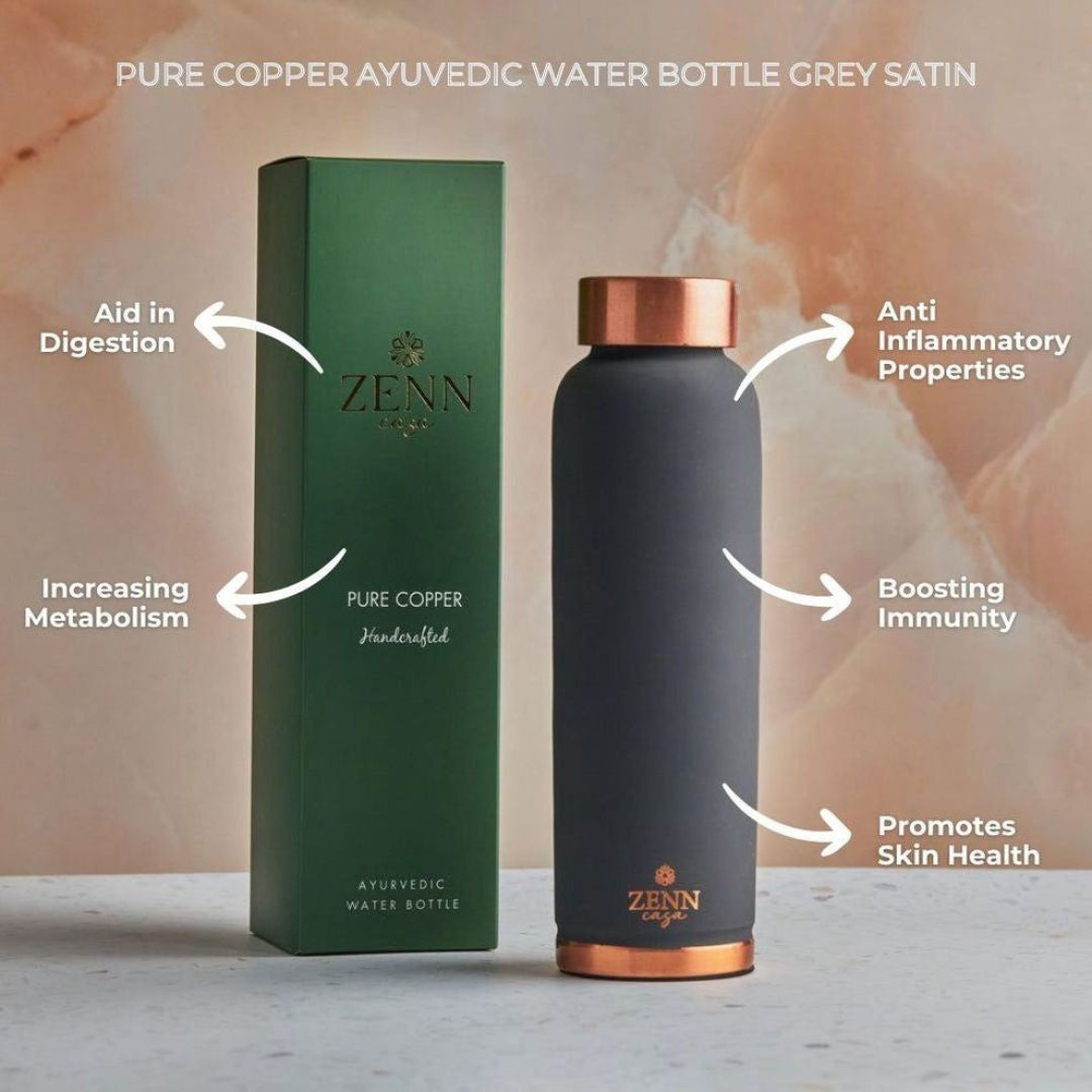 Pre-Order | Ayurvedic Satin-Finish Grey Pure Copper Bottle – 900 ML
