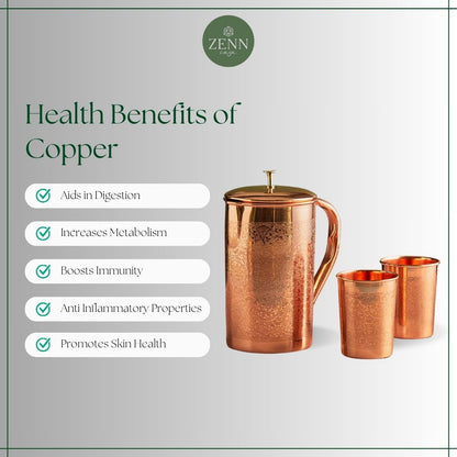 Ayurvedic Embossed 3-Piece Copper Jug Set 1.5 L