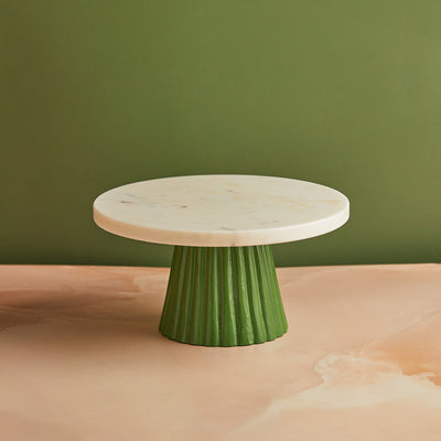 Classic White Marble Cake Stand with Green Pedestal | 8-Inches