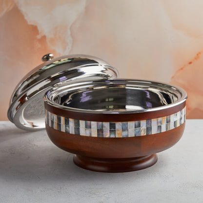 Wood Pedestal Mother of Pearl Casserole – 3.5L Handcrafted | With Stainless Steel Core