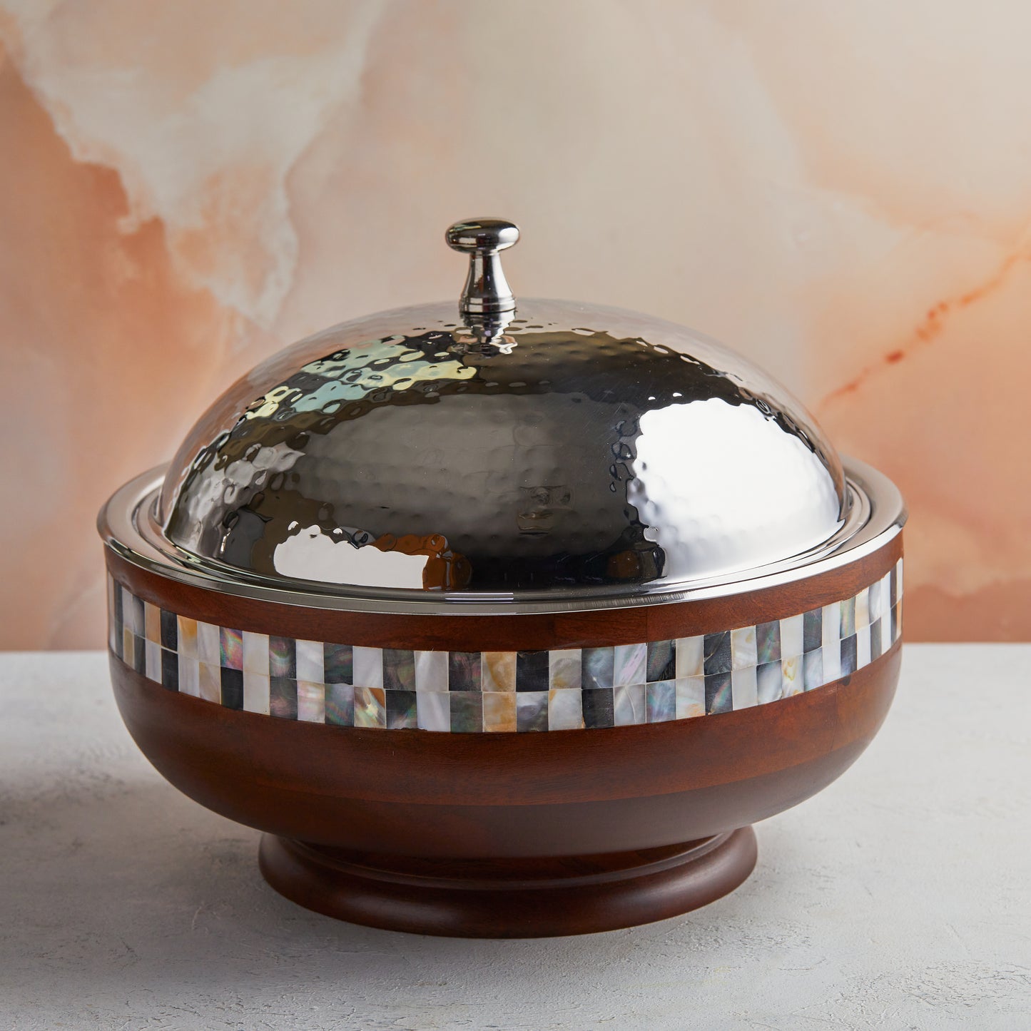 Wood Pedestal Mother of Pearl Casserole – 4.5L Handcrafted |  With Stainless Steel Core