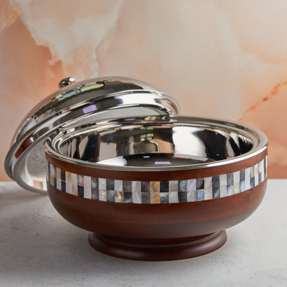 Wood Pedestal Mother of Pearl Casserole – 4.5L Handcrafted |  With Stainless Steel Core