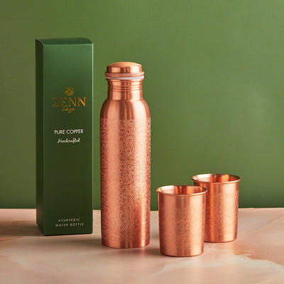 Premium Embossed Pure Copper Bottle 950ml & Glass Set