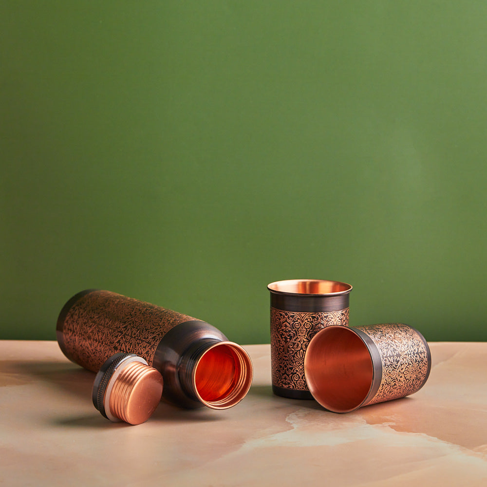 PRE-ORDER | Premium Engraved Pure Copper Bottle 900ml & Glass Set