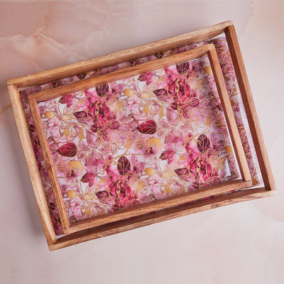 Scarlet Blossom Luxe Wooden Tray - A Set of 2