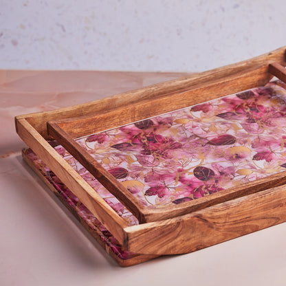 Scarlet Blossom Luxe Wooden Tray - A Set of 2