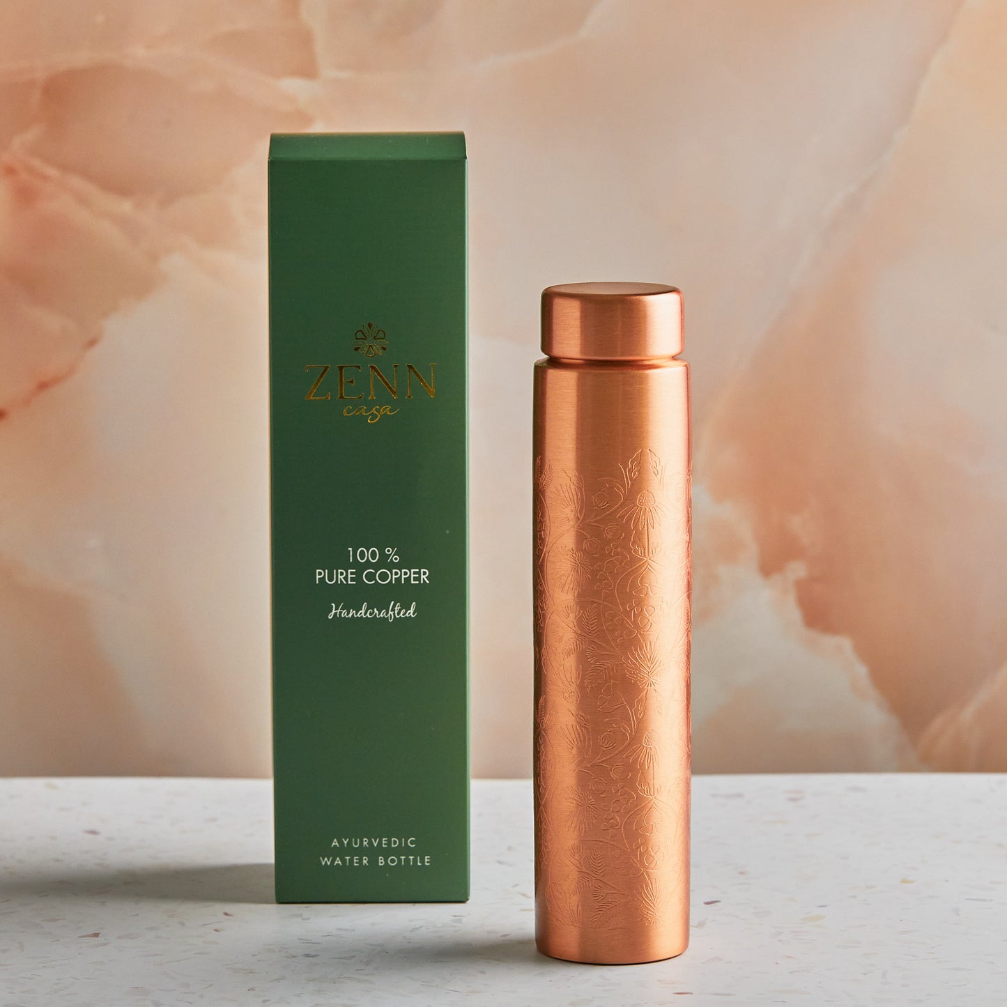 Pure Copper Ayurvedic Water Bottle Etched Design 650ml