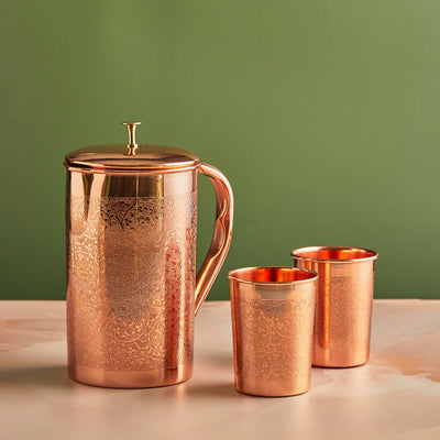 Handcrafted Pure Copper 3-Piece Embossed Design Jug Set