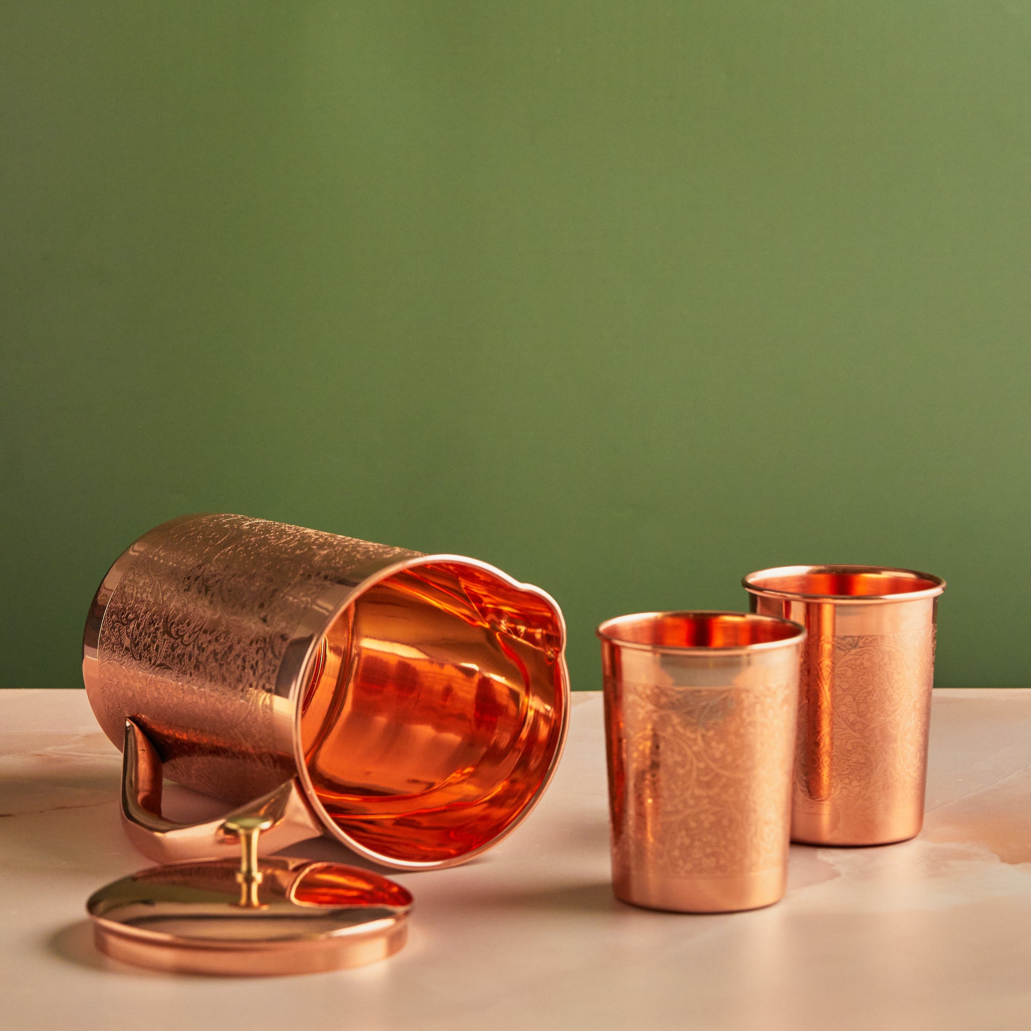 Buy Ayurvedic Embossed Pure Copper 3-Piece Jug Set | Zenn Casa