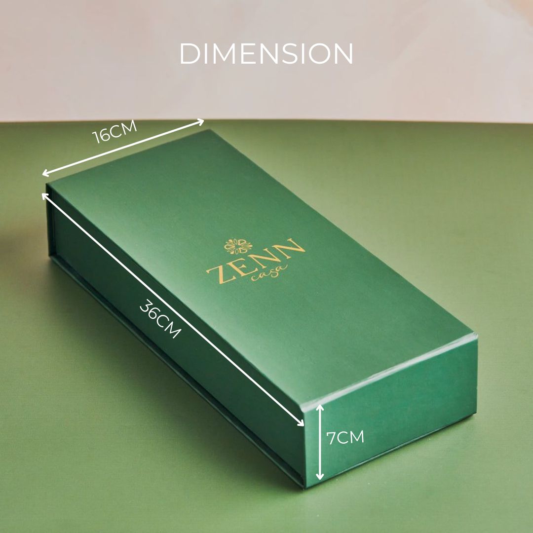 Green rectangular box labeled “ZENN” in gold lettering, with dimensions.