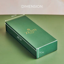 Green rectangular box labeled “ZENN” in gold lettering, with dimensions.