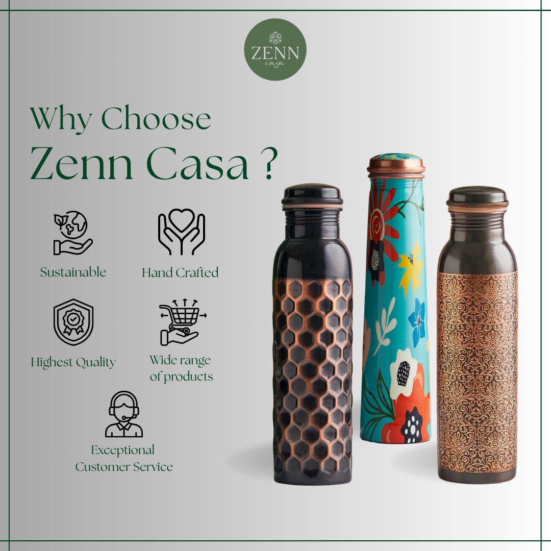 Three beautifully crafted copper water bottles with icons highlighting Zenn Casa's sustainable, handcrafted, and high-quality products.