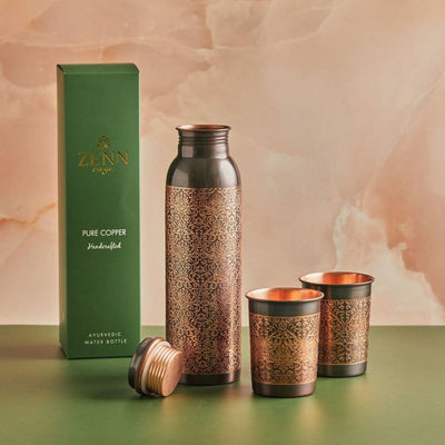 Premium Engraved Pure Copper Bottle 950ml & Glass Set