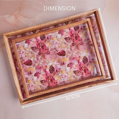 Scarlet Blossom Luxe Wooden Tray - A Set of 2