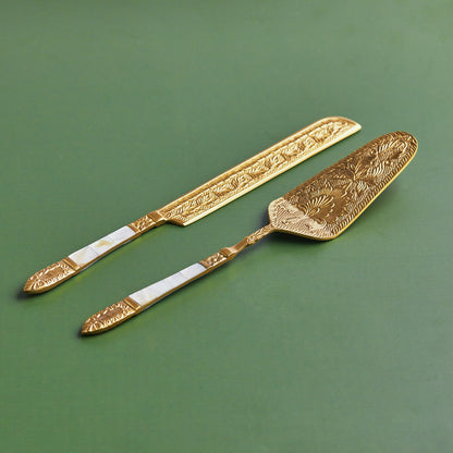 Handcrafted antique style 2-Piece brass & Mother Of Pearl Cake Knife & Server set