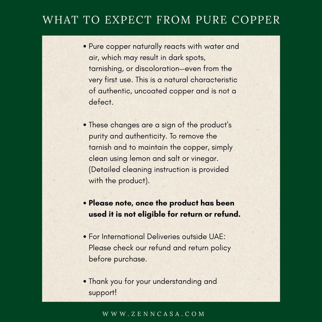 Zenn Casa guide explaining natural copper tarnishing, care instructions