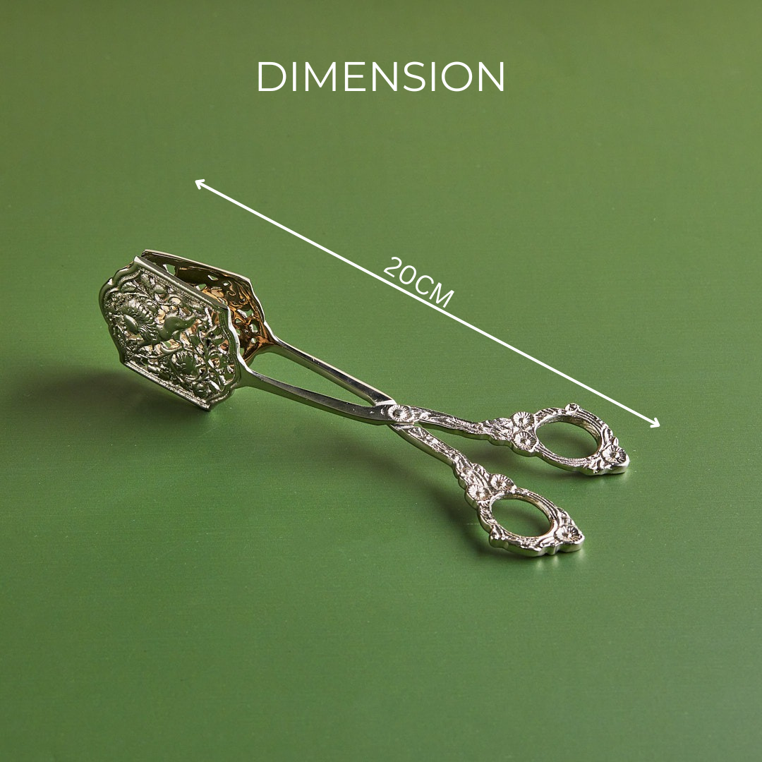 Premium antique-style silver tongs with measurements on a green background.