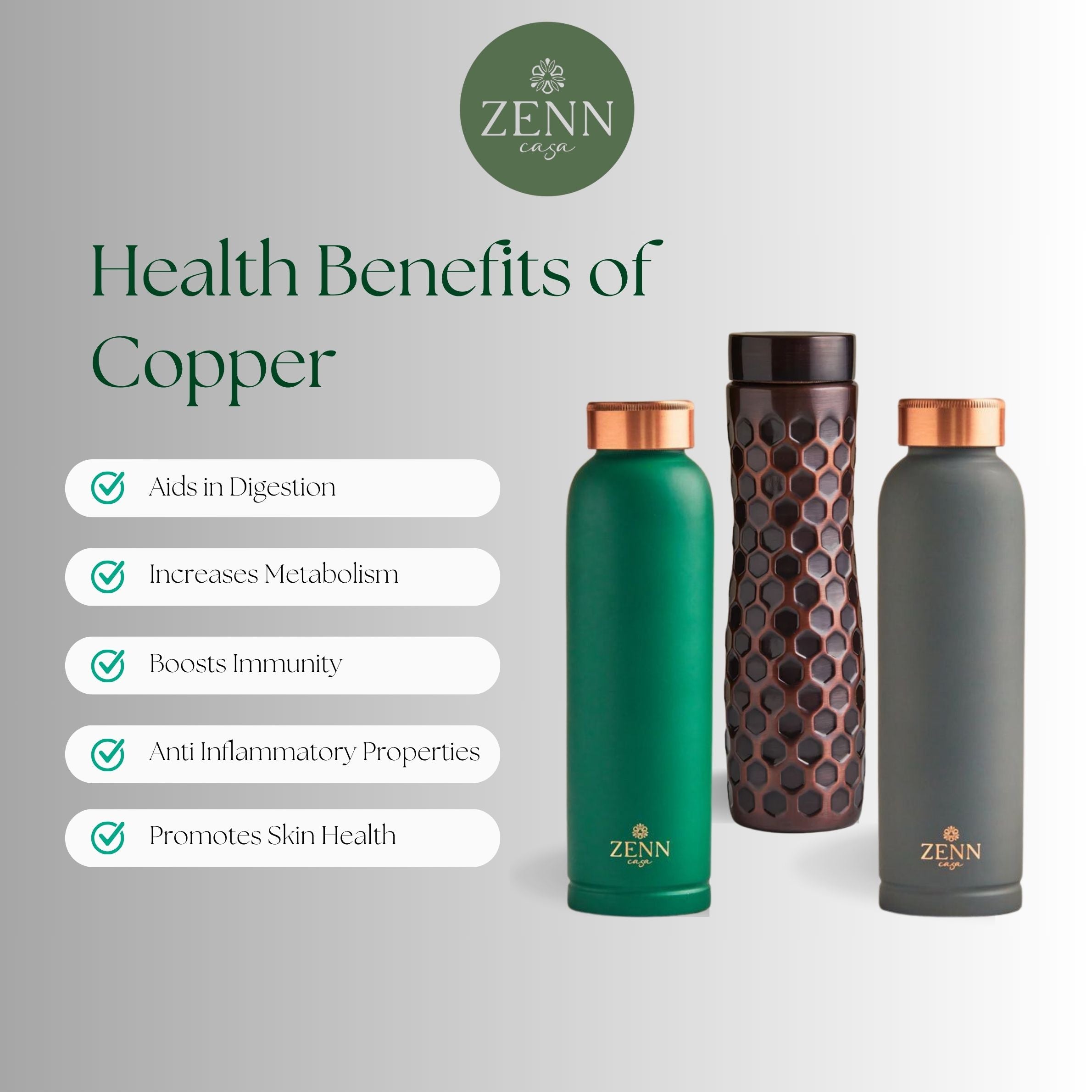 Shop Pure Copper Water Bottle & Glass Set | ZennCasa – Zenn Casa