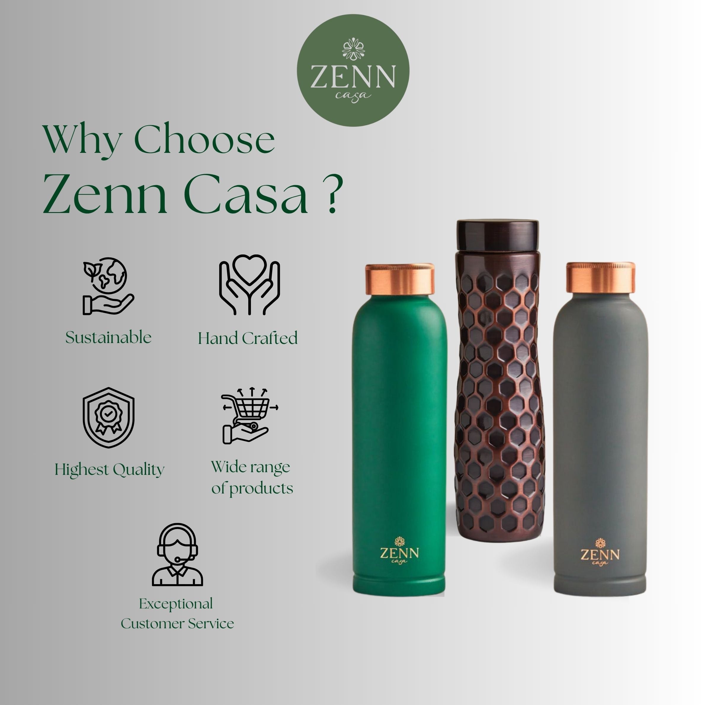 Shop Pure Copper Water Bottle & Glass Set | ZennCasa – Zenn Casa